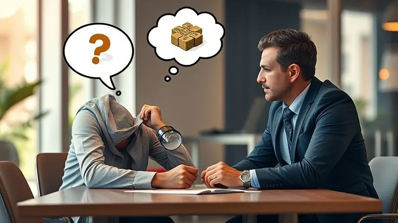 photorealistic, professional photography, 8K, cinematic lighting, sharp focus, depth of field, shot on a high-end DSLR, a salesperson and a prospect engaged in a serious but positive conversation, sitting at a modern office table. A thought bubble above the prospect's head shows a question mark and a small, complex puzzle piece, while the salesperson's thought bubble shows a magnifying glass, symbolizing the act of uncovering hidden objections. The lighting is warm and inviting.