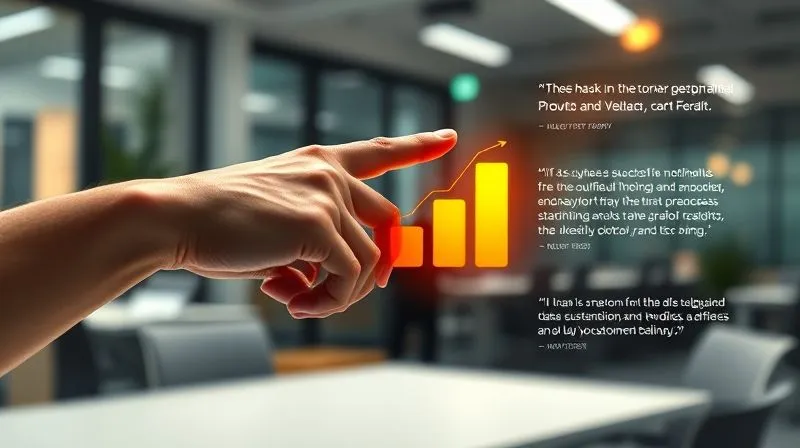 photorealistic, professional photography, 8K, cinematic lighting, sharp focus, depth of field, shot on a high-end DSLR, a hand pointing to a vibrant, glowing 3D bar chart showing significant growth and positive trends, overlaid with subtle, positive customer testimonial quotes. The background is a blurred, modern office environment, suggesting success and clarity. The image emanates trust and data-driven results.
