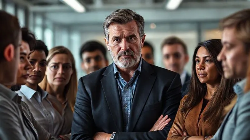 A photorealistic image of a diverse group of employees in a modern office setting, looking concerned and attentive, gathered around a thoughtful, empathetic leader who is speaking. The leader's expression is serious but reassuring. Cinematic lighting creates a sense of gravity and importance, with sharp focus on the faces and expressions, depth of field subtly blurring the background. Shot on a high-end DSLR, 8K hyper-detailed.