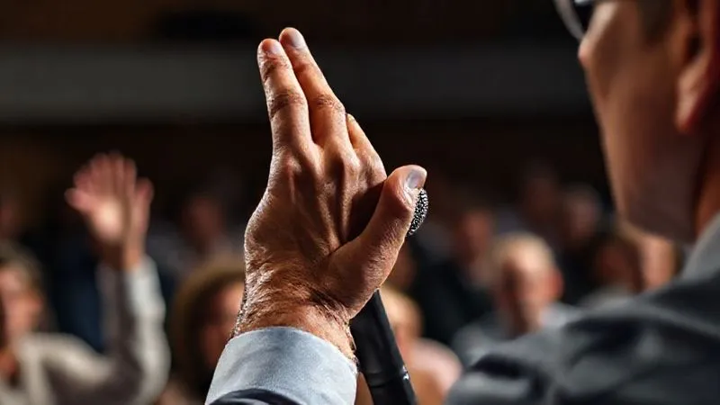 A photorealistic, close-up shot of a leader's hand holding a microphone, with a slightly blurred audience in the background, one person's hand raised to ask a question. The leader's expression is focused and ready to respond. Cinematic lighting, sharp focus on the hand and microphone, depth of field, 8K hyper-detailed.