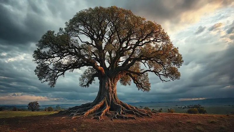 A photorealistic image of a strong, ancient oak tree with deep roots, standing resilient against a dramatic, but not stormy, sky. The tree symbolizes stability and growth over time. Cinematic lighting, sharp focus on the tree, depth of field blurring the distant horizon, 8K hyper-detailed.