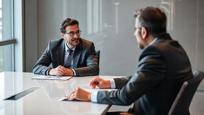 Photorealistic, professional photography, 8K, cinematic lighting, sharp focus, depth of field, shot on a high-end DSLR. Two business professionals, one is a sales expert, the other a prospect, sitting across a modern conference table. The sales expert is leaning forward slightly, actively listening with an empathetic expression, while the prospect is speaking, looking thoughtful. The atmosphere is collaborative and trustworthy, not confrontational.