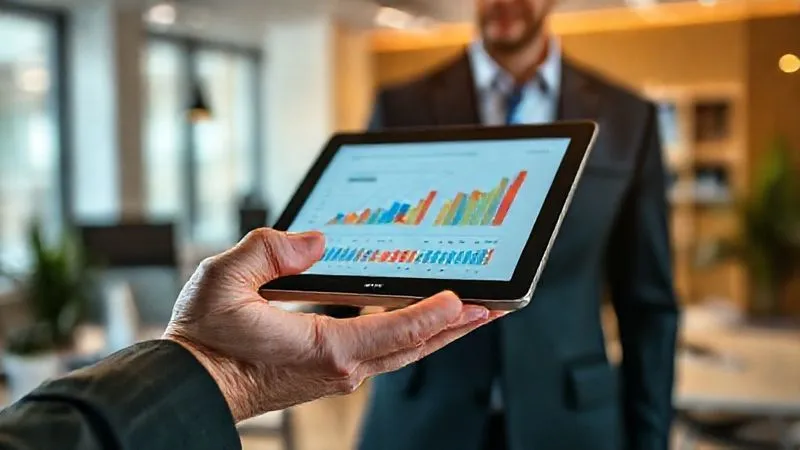 Photorealistic, professional photography, 8K, cinematic lighting, sharp focus, depth of field, shot on a high-end DSLR. A professional's hand reaching out to offer a tablet displaying a relevant graph or case study to another person, symbolizing value-add follow-up. The background is a modern, clean office space, indicating a professional and helpful interaction.