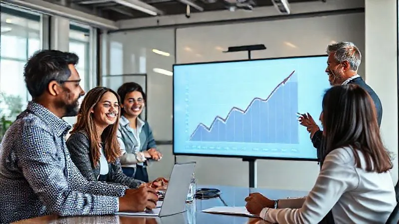 Photorealistic, professional photography, 8K, cinematic lighting, sharp focus, depth of field, shot on a high-end DSLR. A diverse group of business professionals in a modern office, gathered around a large screen displaying a positive upward trend graph. They are smiling and engaged, symbolizing successful collaboration and improved business outcomes, with a sense of collective achievement.