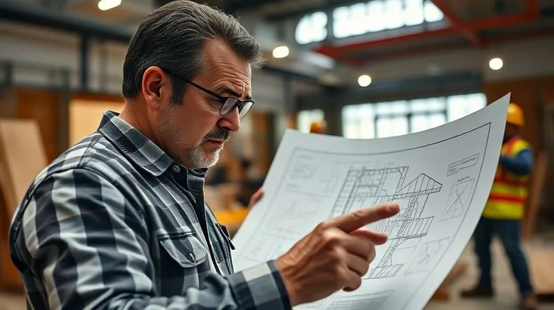 photorealistic, professional photography, 8K, cinematic lighting, sharp focus, depth of field, shot on a high-end DSLR, a frustrated franchise owner looking at a complex construction blueprint, with construction workers in the background pointing to unexpected structural issues. The scene conveys stress and unforeseen costs during a build-out. --ar 16:9