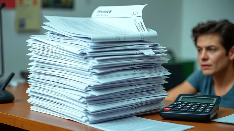 photorealistic, professional photography, 8K, cinematic lighting, sharp focus, depth of field, shot on a high-end DSLR, a stack of diverse marketing invoices and receipts (social media ads, local flyers, radio spots) overwhelming a small desk, with a calculator and a worried expression on a person's face slightly out of focus in the background. The image evokes the burden of unexpected marketing costs. --ar 16:9
