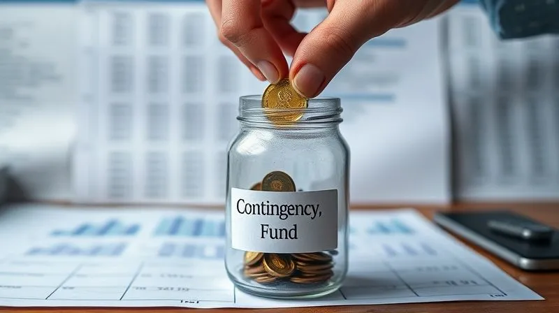 photorealistic, professional photography, 8K, cinematic lighting, sharp focus, depth of field, shot on a high-end DSLR, a hand carefully placing a small, golden coin into a glass jar labeled 'Contingency Fund', positioned on a desk with a blurred background of a complex financial spreadsheet. The image symbolizes financial preparedness and a safety net for unexpected costs. --ar 16:9