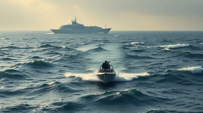 Photorealistic, professional photography, 8K, cinematic lighting, sharp focus, depth of field, shot on a high-end DSLR. A lone small boat navigating through choppy, rapidly changing waters, with larger, more powerful ships appearing on the horizon. The boat is subtly changing its course, representing a startup adapting to a shifting competitive landscape and market dynamics. The atmosphere is challenging yet determined.