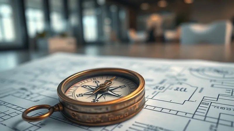Photorealistic, professional photography, 8K, cinematic lighting, sharp focus, depth of field, shot on a high-end DSLR. A weathered, antique compass lying on a blueprint, with one hand pointing to a new, unexpected direction. The compass needle is in sharp focus, and the blueprint lines are clearly visible, symbolizing a strategic pivot based on careful planning and new insights. The background is a softly blurred modern office environment.