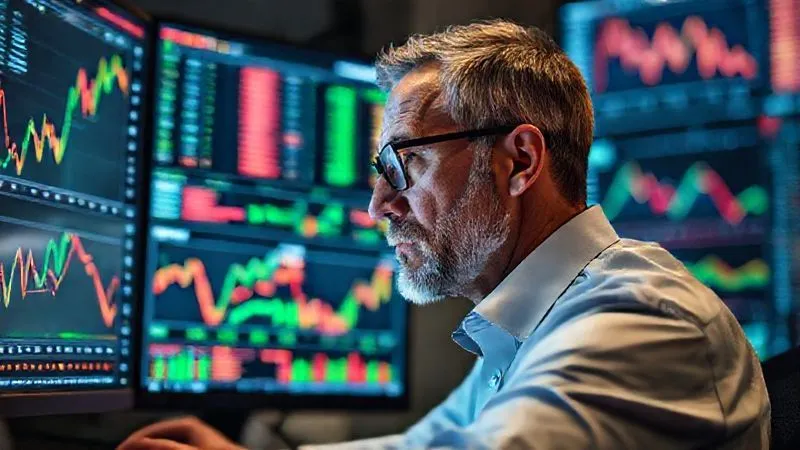 A photorealistic depiction of a financial analyst intently reviewing complex financial charts and risk heatmaps on multiple screens, with a sense of calm under pressure. Professional photography, 8K, cinematic lighting, sharp focus on the analyst's face, depth of field blurring the screens, conveying deep analytical insight. A photorealistic depiction of a financial analyst intently reviewing complex financial charts and risk heatmaps on multiple screens, with a sense of calm under pressure. Professional photography, 8K, cinematic lighting, sharp focus on the analyst's face, depth of field blurring the screens, conveying deep analytical insight.
