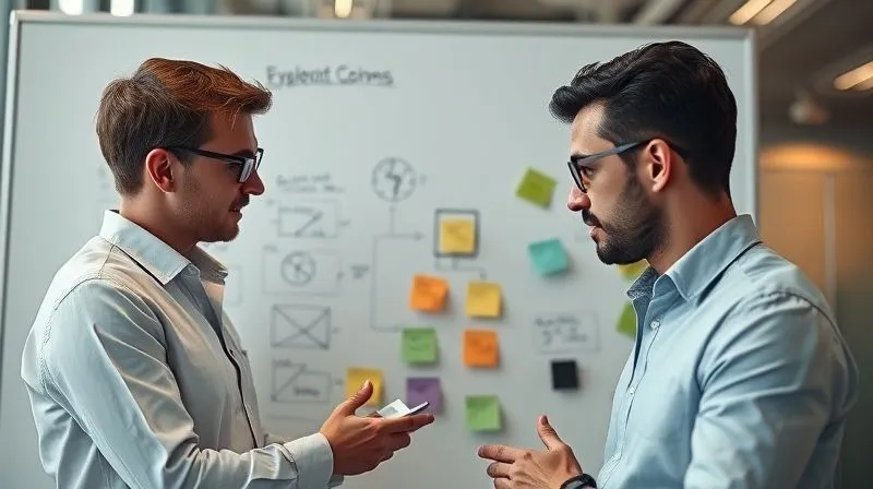 Photorealistic image of two business professionals intensely discussing a complex problem over a whiteboard filled with diagrams and sticky notes, showing active collaboration and problem-solving, cinematic lighting, sharp focus on their engaged expressions, depth of field blurring the office background, 8K hyper-detailed, shot on a high-end DSLR. Photorealistic image of two business professionals intensely discussing a complex problem over a whiteboard filled with diagrams and sticky notes, showing active collaboration and problem-solving, cinematic lighting, sharp focus on their engaged expressions, depth of field blurring the office background, 8K hyper-detailed, shot on a high-end DSLR.