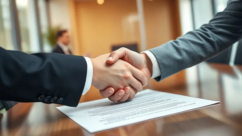 Photorealistic image of two business people shaking hands over a blurred, signed contract, with a clear, professional meeting room in the background, symbolizing a successful negotiation and agreement. Cinematic lighting, sharp focus on the handshake, depth of field, 8K, shot on a high-end DSLR. Photorealistic image of two business people shaking hands over a blurred, signed contract, with a clear, professional meeting room in the background, symbolizing a successful negotiation and agreement. Cinematic lighting, sharp focus on the handshake, depth of field, 8K, shot on a high-end DSLR.