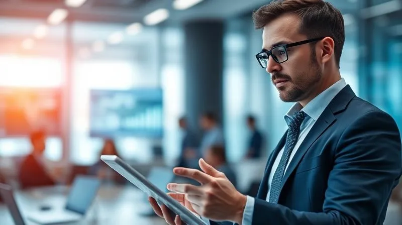 Photorealistic image of a business professional looking thoughtfully at a complex digital dashboard on a tablet, surrounded by blurred office activity, symbolizing data-driven decision making and strategic follow-up. Cinematic lighting, sharp focus on the tablet screen and the person's engaged expression, depth of field, 8K, shot on a high-end DSLR. Photorealistic image of a business professional looking thoughtfully at a complex digital dashboard on a tablet, surrounded by blurred office activity, symbolizing data-driven decision making and strategic follow-up. Cinematic lighting, sharp focus on the tablet screen and the person's engaged expression, depth of field, 8K, shot on a high-end DSLR.