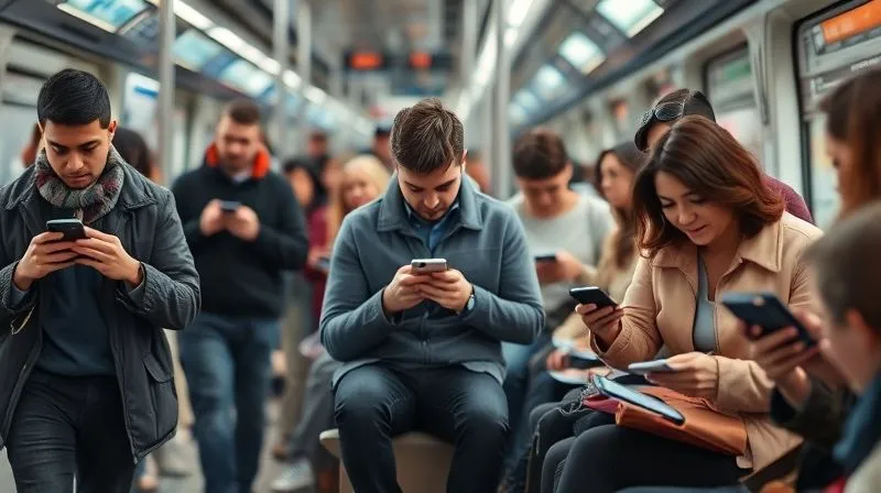 A photorealistic shot of a diverse group of people, each engrossed in their smartphones while walking, commuting, and sitting in various public settings, highlighting ubiquitous mobile usage. Professional photography, 8K, cinematic lighting, sharp focus on the devices and users, depth of field blurring the background. A photorealistic shot of a diverse group of people, each engrossed in their smartphones while walking, commuting, and sitting in various public settings, highlighting ubiquitous mobile usage. Professional photography, 8K, cinematic lighting, sharp focus on the devices and users, depth of field blurring the background.
