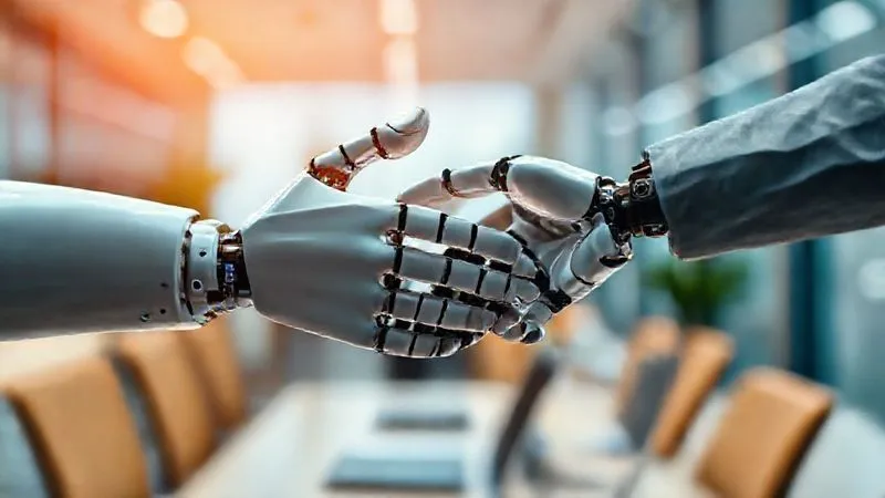photorealistic, professional photography, 8K, cinematic lighting, sharp focus, depth of field, shot on a high-end DSLR, a robotic hand trying to shake a human hand, but the human hand is recoiling slightly, conveying a lack of connection and discomfort with the artificial touch, in a modern office setting. photorealistic, professional photography, 8K, cinematic lighting, sharp focus, depth of field, shot on a high-end DSLR, a robotic hand trying to shake a human hand, but the human hand is recoiling slightly, conveying a lack of connection and discomfort with the artificial touch, in a modern office setting.