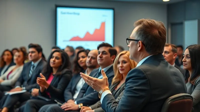 A diverse group of business professionals in a modern conference room, captivated and leaning forward, listening intently to a speaker who is using engaging hand gestures. There are subtle visual cues of storytelling, perhaps a graph on a screen behind the speaker showing a positive trend. Photorealistic, professional photography, 8K, cinematic lighting, sharp focus on the audience's engaged faces, depth of field blurring the background, shot on a high-end DSLR.