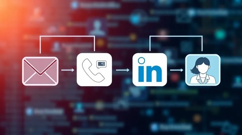 A series of digital communication icons (email, phone, LinkedIn, video call) arranged in a cohesive, flowing sequence, symbolizing a strategic multi-touchpoint follow-up process. The icons are subtly connected by lines, indicating progression. Photorealistic, professional photography, 8K, cinematic lighting, sharp focus on the central icons, depth of field blurring the digital background, shot on a high-end DSLR.