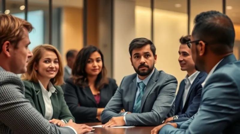 A diverse group of business professionals in a modern conference room, engaged in a constructive debate or discussion. One person is thoughtfully presenting a point, while another is listening intently, perhaps with a slightly skeptical but open expression. The atmosphere is professional and problem-solving oriented. Photorealistic, professional photography, 8K, cinematic lighting, sharp focus on the interaction, depth of field blurring the background, shot on a high-end DSLR.