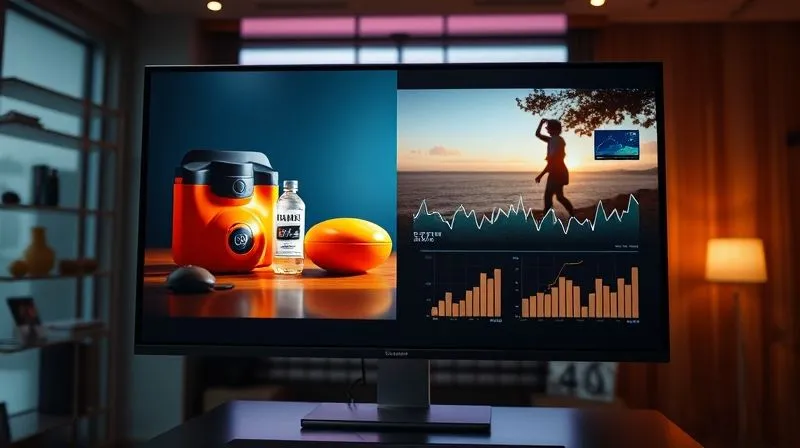 A photorealistic, professional photography, 8K, cinematic lighting, sharp focus, depth of field. A split screen depicting two different ad creatives (one with a vibrant product shot, the other with a lifestyle image) side-by-side on a digital display, with analytical graphs showing performance metrics for each. The scene emphasizes comparison and data-driven decision making.