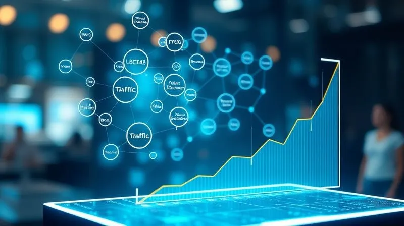 A photorealistic, professional photography, 8K, cinematic lighting, sharp focus, depth of field. A thriving digital ecosystem depicted on a holographic display, with interconnected nodes representing diverse traffic sources, loyal customers, and profitable products, all contributing to a growing revenue graph. The scene is futuristic and optimistic.