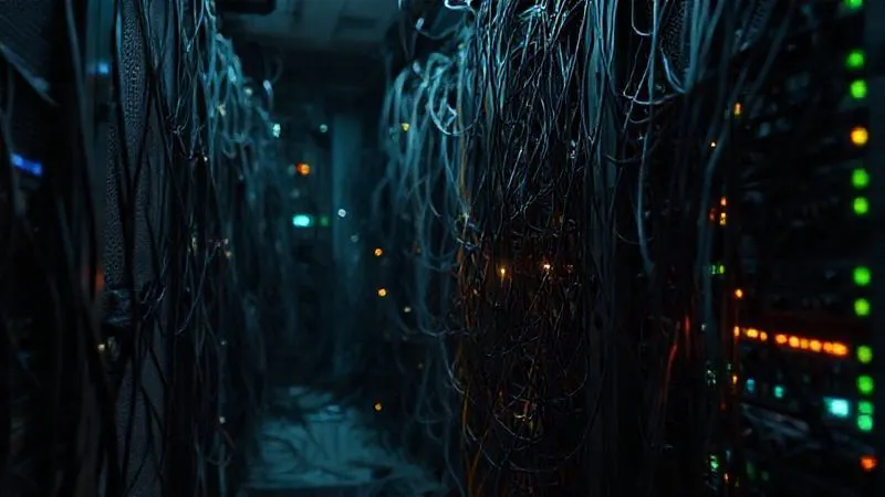 A photorealistic image of a server room with tangled, messy cables and wires, some sparking subtly, connecting disparate, mismatched server racks. The scene conveys a sense of disarray and inefficiency, with dim, flickering lights. Cinematic lighting, sharp focus on the tangled wires, depth of field. 8K hyper-detailed, professional photography. A photorealistic image of a server room with tangled, messy cables and wires, some sparking subtly, connecting disparate, mismatched server racks. The scene conveys a sense of disarray and inefficiency, with dim, flickering lights. Cinematic lighting, sharp focus on the tangled wires, depth of field. 8K hyper-detailed, professional photography.