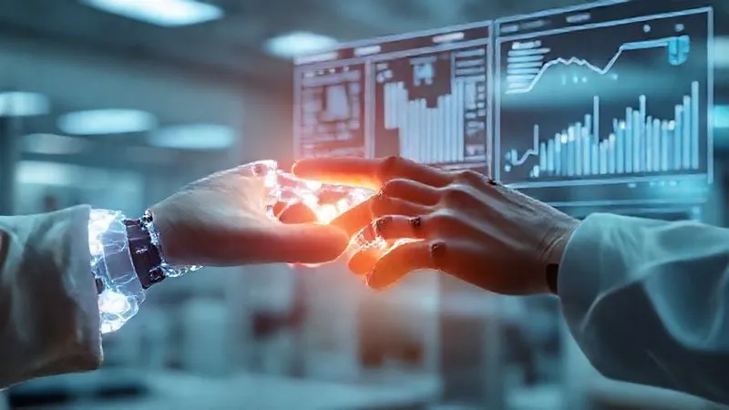 A photorealistic image of a human hand gently guiding a glowing, translucent robotic arm that is pointing to a complex digital chart. The scene emphasizes collaboration and oversight, with a modern, clean lab background. Cinematic lighting, sharp focus on the hands and chart, depth of field. 8K hyper-detailed, professional photography. A photorealistic image of a human hand gently guiding a glowing, translucent robotic arm that is pointing to a complex digital chart. The scene emphasizes collaboration and oversight, with a modern, clean lab background. Cinematic lighting, sharp focus on the hands and chart, depth of field. 8K hyper-detailed, professional photography.