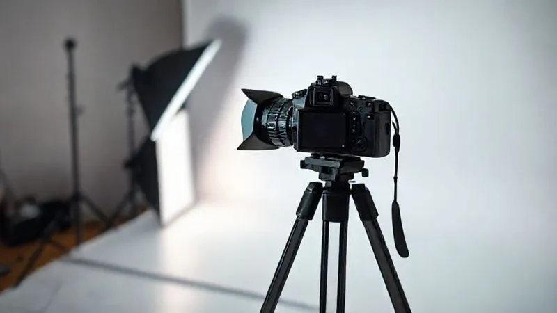 A photorealistic professional photography setup for e-commerce, showing softbox lighting illuminating a product on a seamless white background, with a DSLR camera on a tripod, cinematic lighting, sharp focus on the product, depth of field blurring the background, 8K hyper-detailed, studio environment.