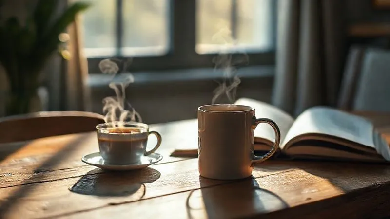 A photorealistic scene of a minimalist, stylish coffee mug on a rustic wooden table, next to a steaming cup of coffee and an open book, soft morning light streaming through a window, cinematic lighting, sharp focus on the mug, depth of field blurring the background, 8K hyper-detailed, cozy atmosphere.