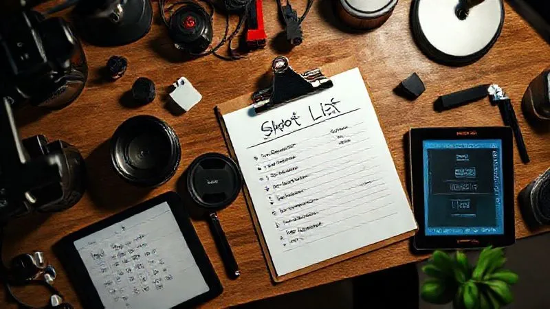 A photorealistic, top-down view of a neatly organized studio desk with a detailed shot list on a clipboard, surrounded by various photography props, a high-end camera lens cap, and a tablet displaying a mood board, cinematic lighting, sharp focus on the shot list, depth of field blurring the background, 8K hyper-detailed, creative workspace.