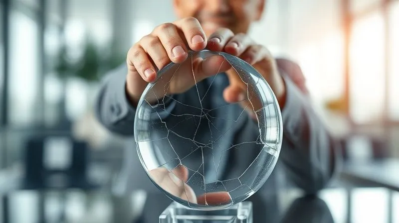 A photorealistic image of a business person holding a magnifying glass over a subtly cracked, intricate glass sculpture representing a client relationship, with faint, almost invisible fissures appearing. The background is a blurred, modern office. Cinematic lighting, sharp focus on the sculpture, depth of field, 8K hyper-detailed, shot on a high-end DSLR.