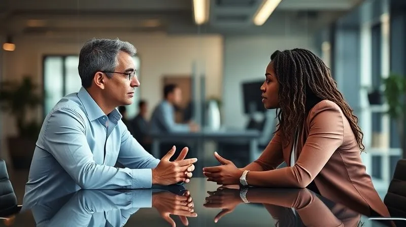 A photorealistic image of two diverse business professionals, one representing a client and the other a service provider, engaged in a deep, empathetic conversation across a modern conference table. Their body language shows active listening and mutual respect. Cinematic lighting, sharp focus on their interaction, depth of field blurring the office background, 8K hyper-detailed, shot on a high-end DSLR.