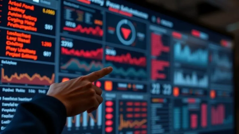 A photorealistic image of a complex dashboard on a large screen displaying various data points with red and amber alerts, indicating potential issues. A hand points to a specific metric on the screen, emphasizing early warning. Cinematic lighting, sharp focus on the screen, depth of field blurring the analyst in the background, 8K hyper-detailed, shot on a high-end DSLR.