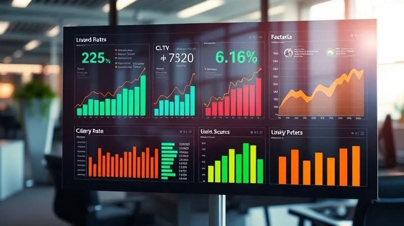 A photorealistic image of a sophisticated data dashboard displaying various business metrics like 'Client Retention Rate', 'CLTV', and 'NPS' with clear, upward-trending graphs and positive indicators. The display is vibrant and professional, set in a modern office. Cinematic lighting, sharp focus on the data, depth of field blurring the background, 8K hyper-detailed, shot on a high-end DSLR.