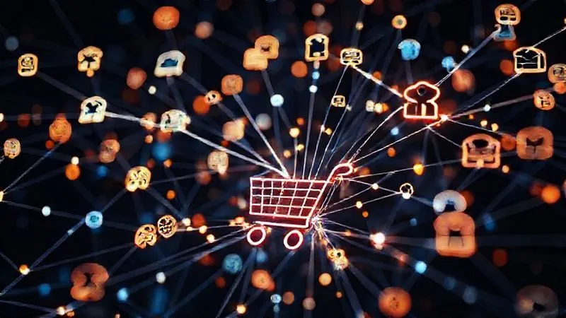 A photorealistic, professional photography, 8K, cinematic lighting, sharp focus, depth of field, shot on a high-end DSLR, showing a complex web of glowing lines connecting various websites (represented by abstract digital icons) to a central e-commerce product page, symbolizing the flow of backlinks and authority.
