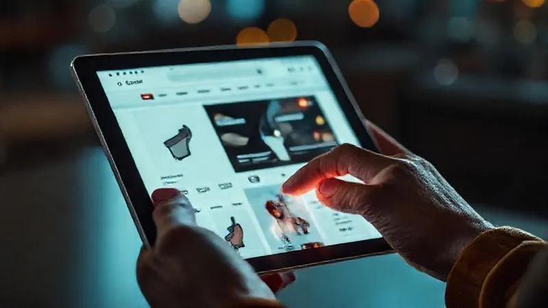 A photorealistic, professional photography, 8K, cinematic lighting, sharp focus, depth of field, shot on a high-end DSLR, showing a user's hand interacting with a tablet displaying an e-commerce product page, with glowing lines tracing the user's journey through the site, emphasizing smooth navigation and clear call-to-actions.