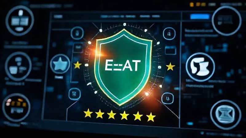 A photorealistic, professional photography, 8K, cinematic lighting, sharp focus, depth of field, shot on a high-end DSLR, showing a digital shield icon overlaying a secure website interface, surrounded by glowing trust badges, customer review stars, and clearly visible contact information, symbolizing a strong E-E-A-T presence for an e-commerce brand.