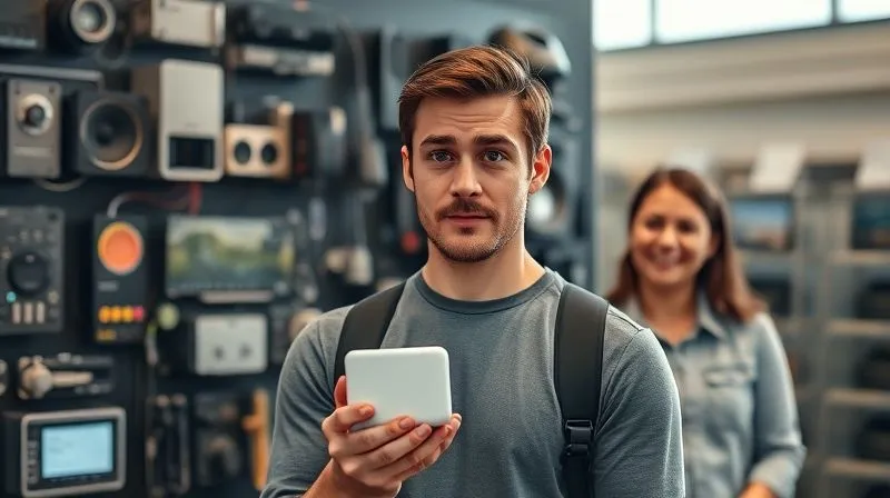 A photorealistic image of a person standing in front of a complex, feature-laden product display, looking confused and overwhelmed. In the background, another person is smiling, holding a simple, elegant solution that clearly addresses a specific problem. Cinematic lighting, sharp focus on the satisfied person, depth of field blurring the background, 8K hyper-detailed, professional photography, shot on a high-end DSLR.