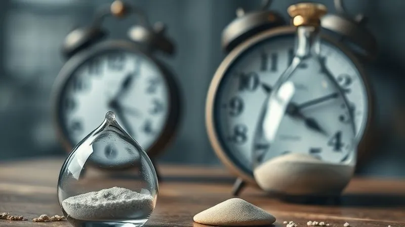 A photorealistic image showing a clear glass hourglass where the sand is steadily flowing down, creating a sense of natural progression and urgency. In the background, a broken, stagnant clock with dust collecting on it, symbolizing missed opportunities. Cinematic lighting, sharp focus on the flowing hourglass, depth of field blurring the background, 8K hyper-detailed, professional photography, shot on a high-end DSLR.
