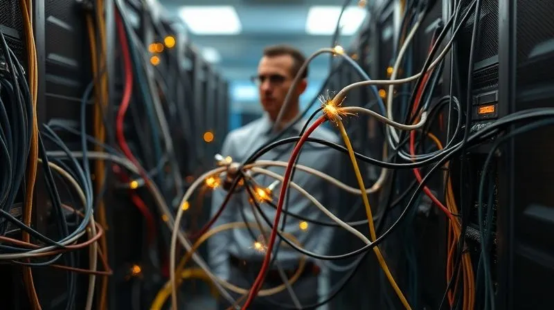 A photorealistic image of a messy, tangled network of data cables and servers, with some cables disconnected and sparking, representing poor data quality and silos. The background is a blurred, frustrated business analyst. Professional photography, 8K, cinematic lighting, sharp focus, depth of field, shot on a high-end DSLR.