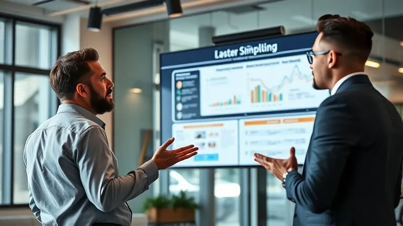 A photorealistic, professional photography, 8K, cinematic lighting, sharp focus, depth of field, shot on a high-end DSLR. Image of two diverse business professionals, one presenting a simplified, clear infographic on a large screen with a compelling narrative, while the other listens intently, nodding in understanding, in a modern, well-lit office. The scene emphasizes clear communication and comprehension.