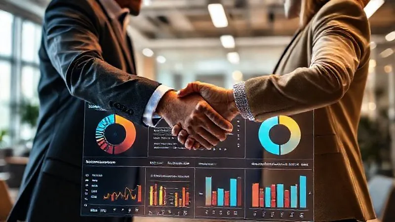 photorealistic, professional photography, 8K, cinematic lighting, sharp focus, depth of field, shot on a high-end DSLR. Two business people, one representing sales and one representing marketing, shaking hands over a detailed, glowing digital dashboard displaying aligned lead scoring metrics and a shared Ideal Customer Profile. The background is a modern, collaborative office space, symbolizing synergy and agreement.