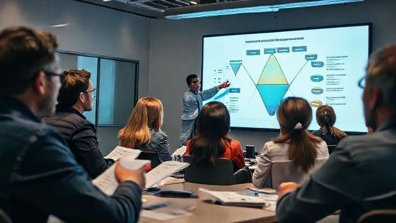 photorealistic, professional photography, 8K, cinematic lighting, sharp focus, depth of field, shot on a high-end DSLR. A diverse group of sales professionals actively participating in a training session, with a mentor figure pointing to a complex sales funnel diagram on a large screen. The reps are engaged, taking notes, and some are practicing role-playing scenarios in pairs, showing focused learning and collaboration.