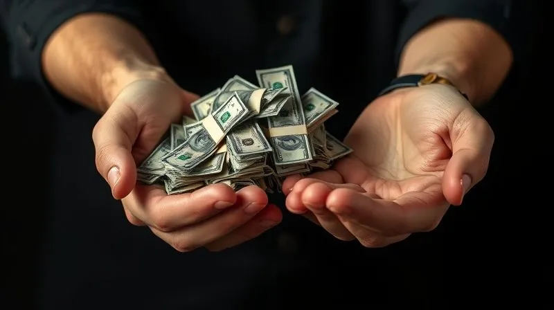 A photorealistic image of two hands, one holding a growing pile of money labeled 'Sales' and the other holding a shrinking, almost empty hand labeled 'Profit', set against a dark, contrasting background, cinematic lighting, sharp focus, depth of field, 8K hyper-detailed.