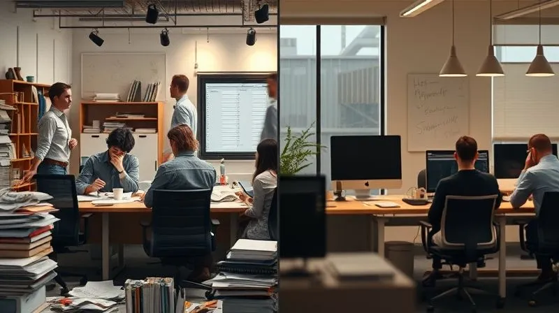 A photorealistic image depicting a bustling, but disorganized small office environment on one side, with papers scattered and people looking stressed, contrasted with a streamlined, minimalist workspace on the other, showing clear processes and focused individuals, cinematic lighting, sharp focus, depth of field, 8K hyper-detailed.