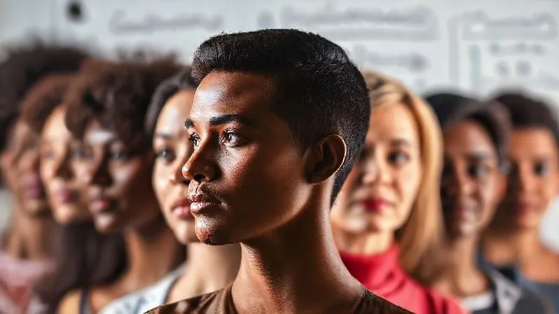 A photorealistic image showing a diverse group of people's faces fading into a single, focused, well-defined persona profile with key demographic and psychographic data points highlighted, against a backdrop of a blurred marketing strategy whiteboard. Professional photography, 8K, cinematic lighting, sharp focus, depth of field.
