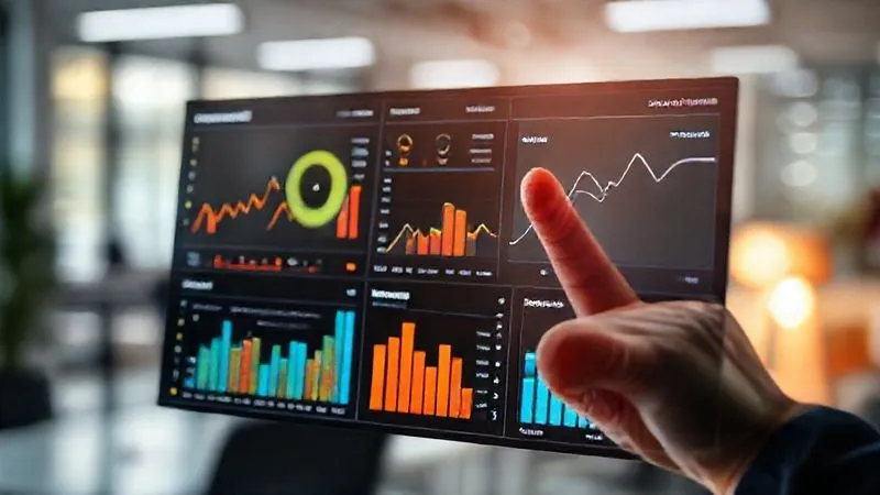 A photorealistic, professional photography, 8K, cinematic lighting, sharp focus, depth of field, shot on a high-end DSLR, showing a vibrant, interactive data dashboard with various charts and graphs representing sales funnel metrics, with a hand pointing to a 'conversion rate' graph. The background is a blurred, modern office setting.