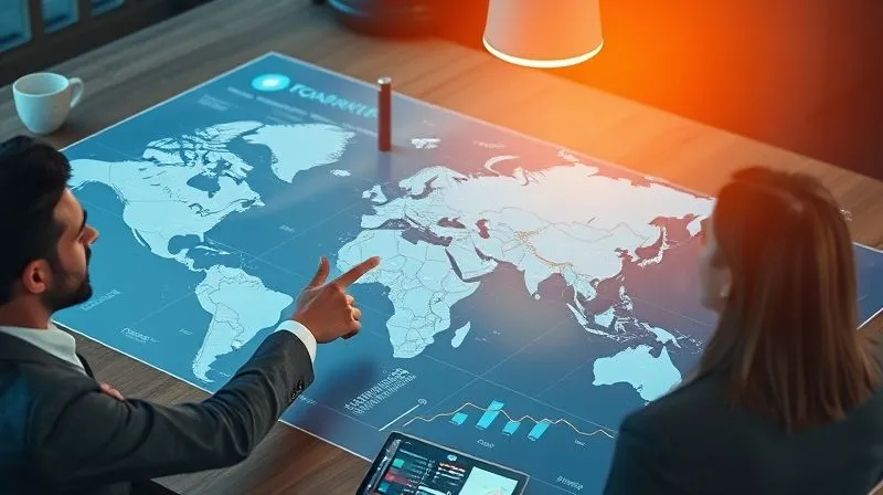 A photorealistic image of a business executive pointing at a large, transparent digital overlay on a physical map, showing market expansion opportunities highlighted by data visualizations, with a team collaborating around the table. Cinematic lighting, professional photography, 8K, sharp focus, depth of field.