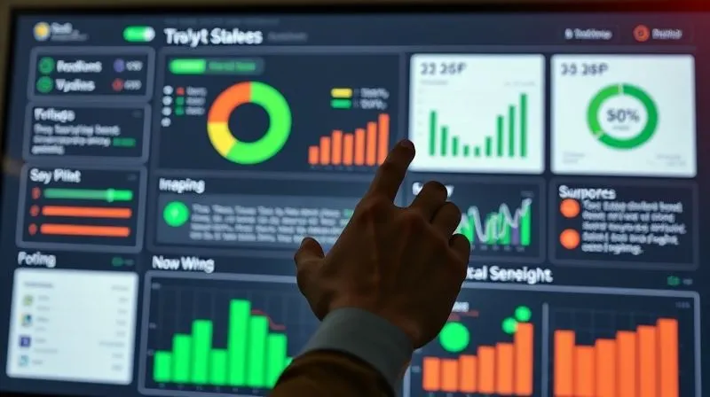 A photorealistic, professional photography, 8K, cinematic lighting, sharp focus, depth of field, shot on a high-end DSLR of a clean, minimalist executive dashboard on a large screen, displaying key strategic KPIs with green and red indicators, accompanied by concise textual summaries explaining the 'so what' and 'now what'. A hand is pointing to a critical insight on the screen.