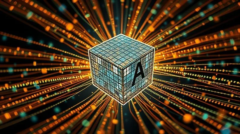 A photorealistic image of a complex, glowing network of data streams converging into a central, pristine data cube, with smaller, messy data fragments being filtered out or cleansed at various points. Professional photography, 8K, cinematic lighting, sharp focus, depth of field, symbolizing data governance and quality.