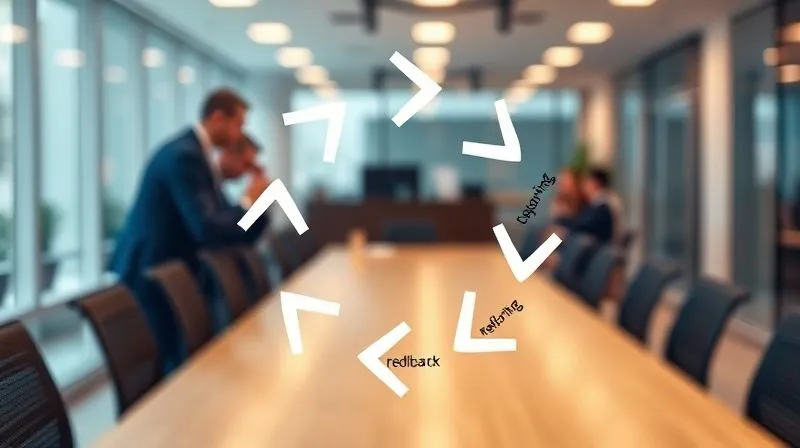 A photorealistic, professional photography, 8K, cinematic lighting, sharp focus, depth of field, shot on a high-end DSLR of a circular infographic representing a continuous feedback loop for business intelligence, with arrows flowing from 'Reporting' to 'Decision-Making' to 'Feedback' to 'Refinement' and back to 'Reporting', set against a modern office background.